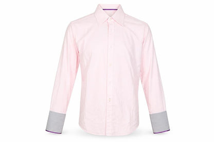 Front view of Preworn men’s pink polyester dress shirt, size M, collared