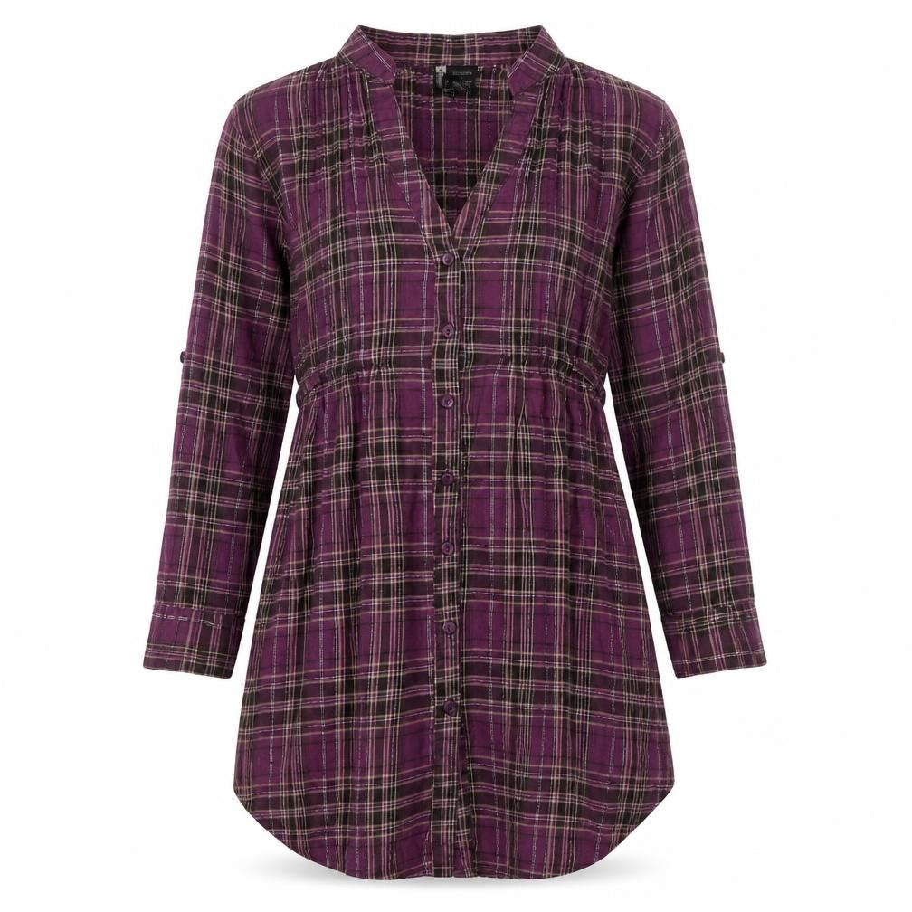 Front view of Passport women’s purple plaid cotton basic button-up, size S, v-neck