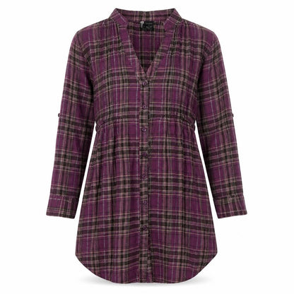 Front view of Passport women’s purple plaid cotton basic button-up, size S, v-neck