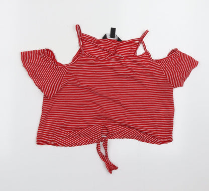 New Look Girls Red Striped Cotton Basic Tank Size 12-13 Years V-Neck Pullover - cold shoulder