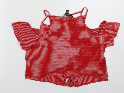 New Look Girls Red Striped Cotton Basic Tank Size 12-13 Years V-Neck Pullover - cold shoulder