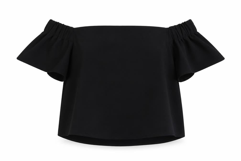 Front view of Topshop women’s blue polyester cropped blouse, size UK 4, off the shoulder