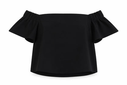 Front view of Topshop women’s blue polyester cropped blouse, size UK 4, off the shoulder