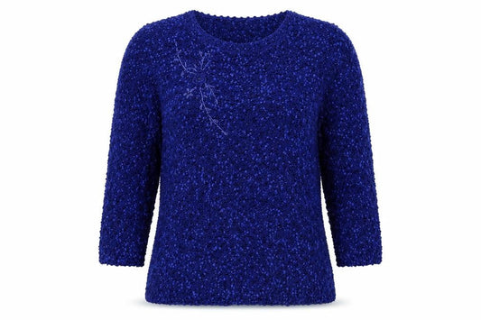 Front view of alexara women’s blue crew neck acrylic jumper, size L