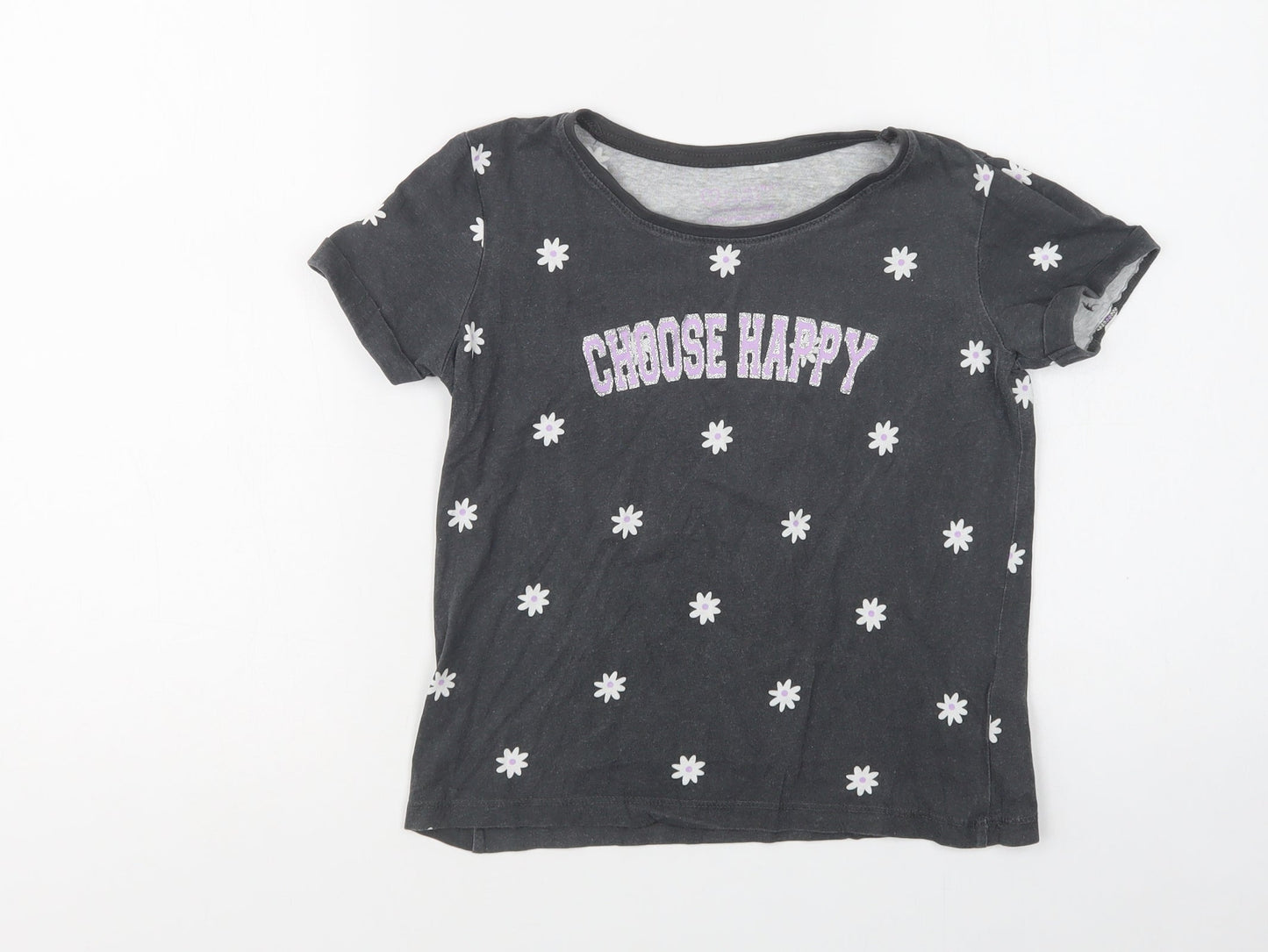 Primark Girls Grey Floral Cotton Basic Polo Size 9-10 Years Crew Neck  - Happy
