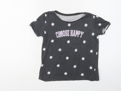 Primark Girls Grey Floral Cotton Basic Polo Size 9-10 Years Crew Neck  - Happy