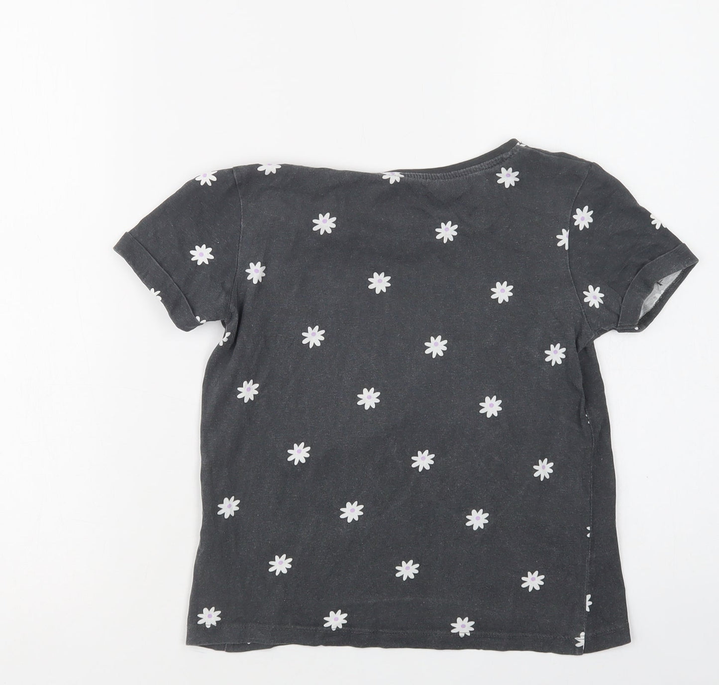 Primark Girls Grey Floral Cotton Basic Polo Size 9-10 Years Crew Neck  - Happy