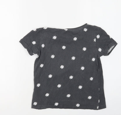 Primark Girls Grey Floral Cotton Basic Polo Size 9-10 Years Crew Neck  - Happy