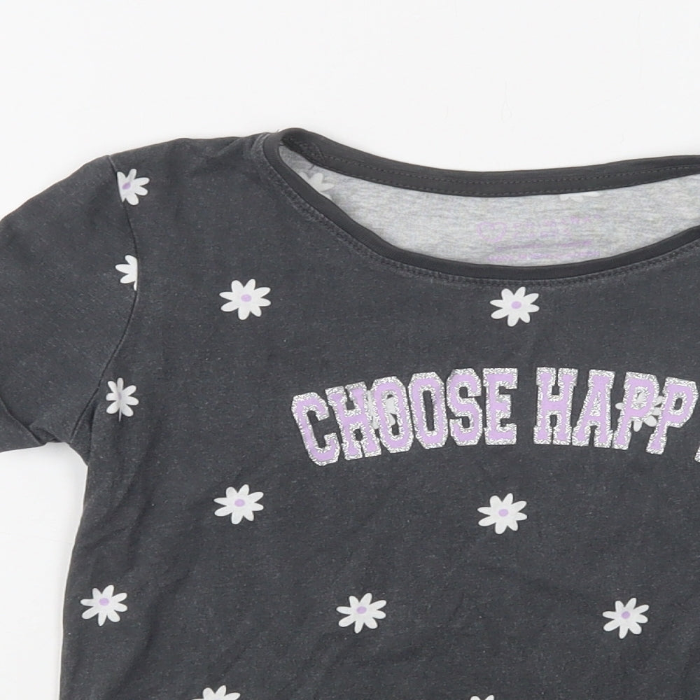 Primark Girls Grey Floral Cotton Basic Polo Size 9-10 Years Crew Neck  - Happy
