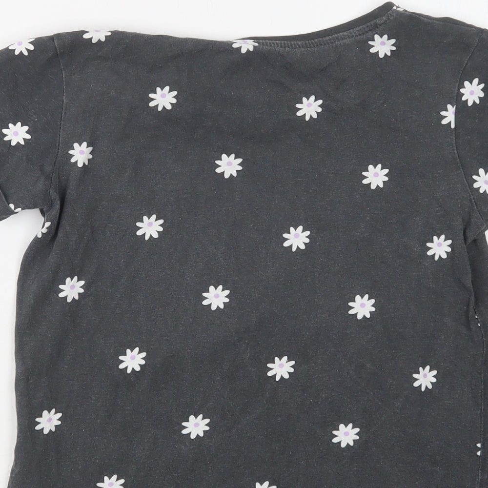 Primark Girls Grey Floral Cotton Basic Polo Size 9-10 Years Crew Neck  - Happy
