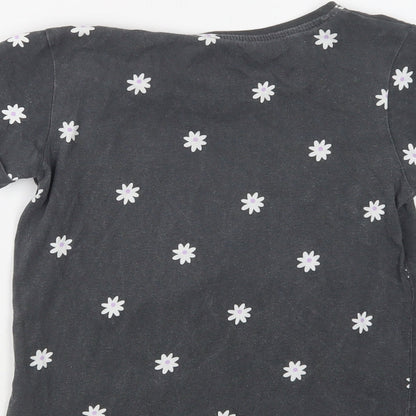 Primark Girls Grey Floral Cotton Basic Polo Size 9-10 Years Crew Neck  - Happy