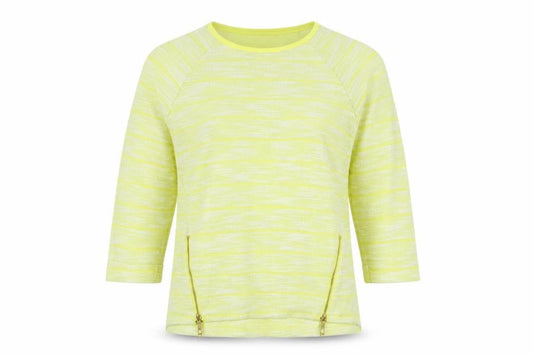 Front view of Marks & Spencer women’s yellow crew neck striped polyester jumper, size UK 14