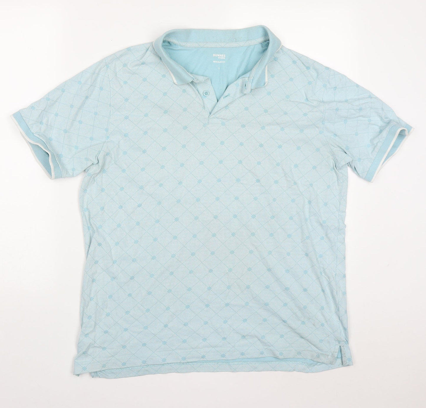 Dunnes Mens Blue Geometric Cotton  Polo Size L Collared