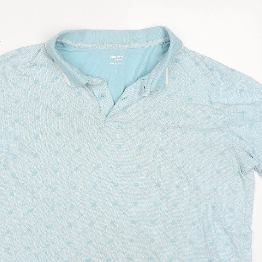 Dunnes Mens Blue Geometric Cotton  Polo Size L Collared