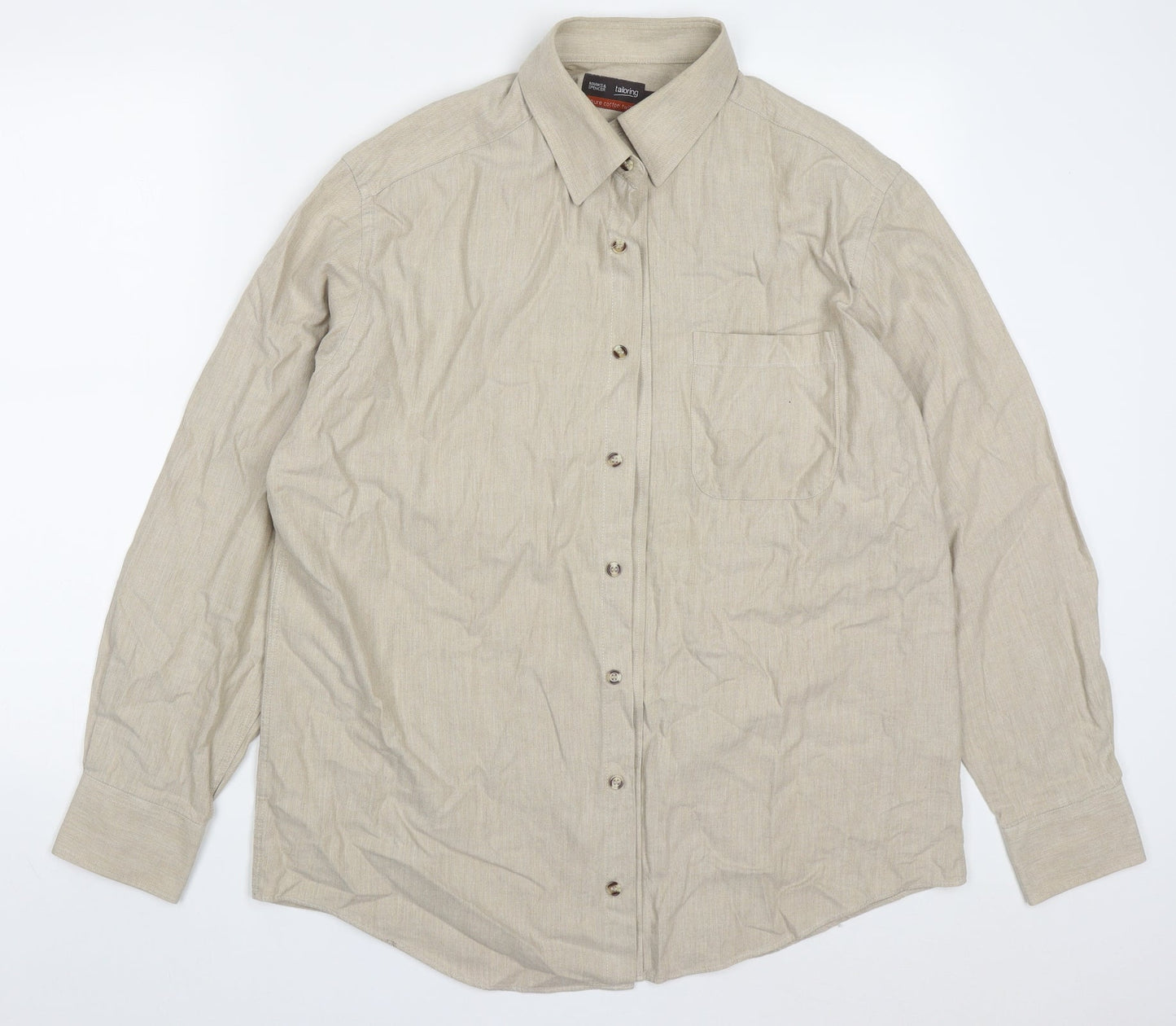 Mens UK Size 16 Marks and Spencer Beige  Button-Up Long Sleeve Casual Shirt
