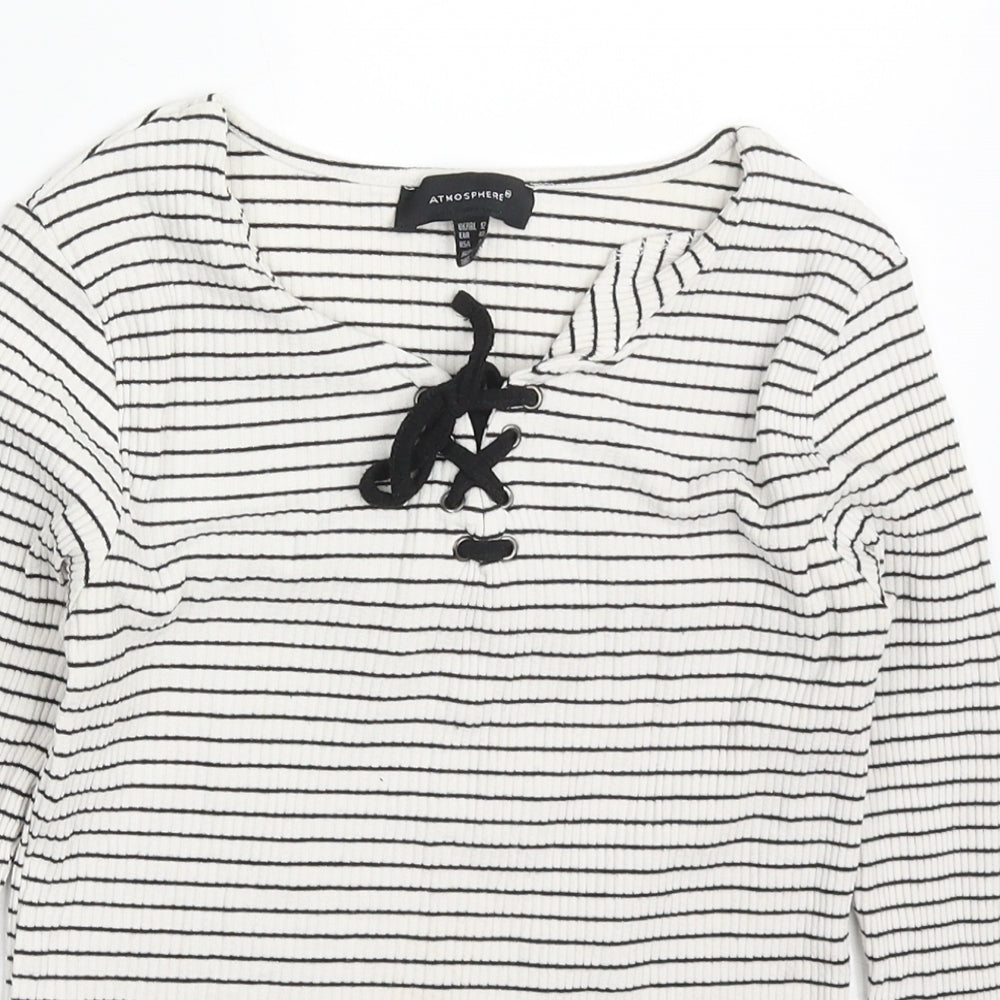 Atmosphere Womens White Striped Viscose Basic T-Shirt Size 12 Round Neck