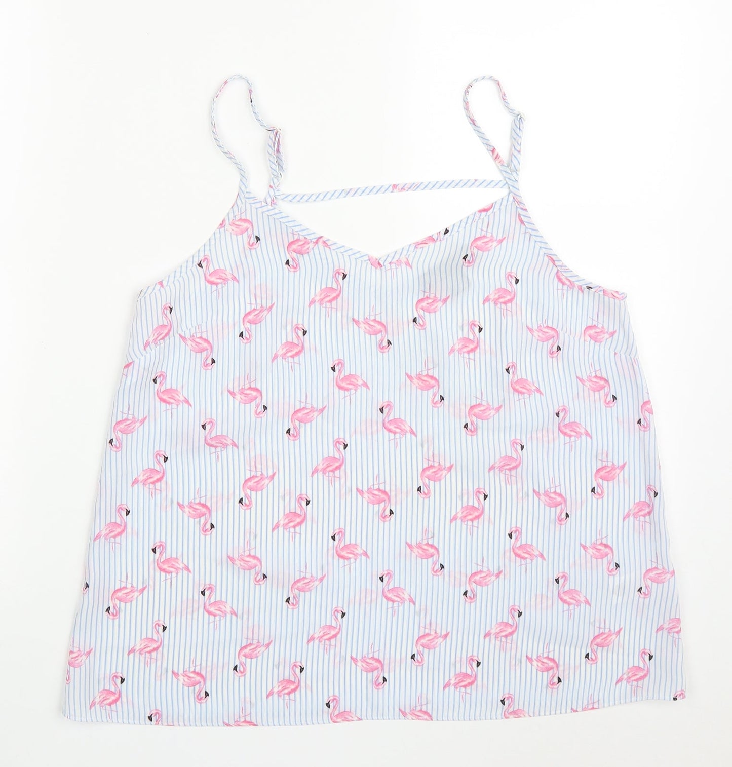 Primark Womens Blue Striped Polyester Basic Tank Size 12 V-Neck - Flamingo Print