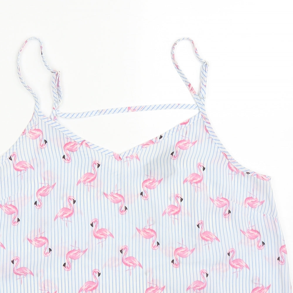 Primark Womens Blue Striped Polyester Basic Tank Size 12 V-Neck - Flamingo Print
