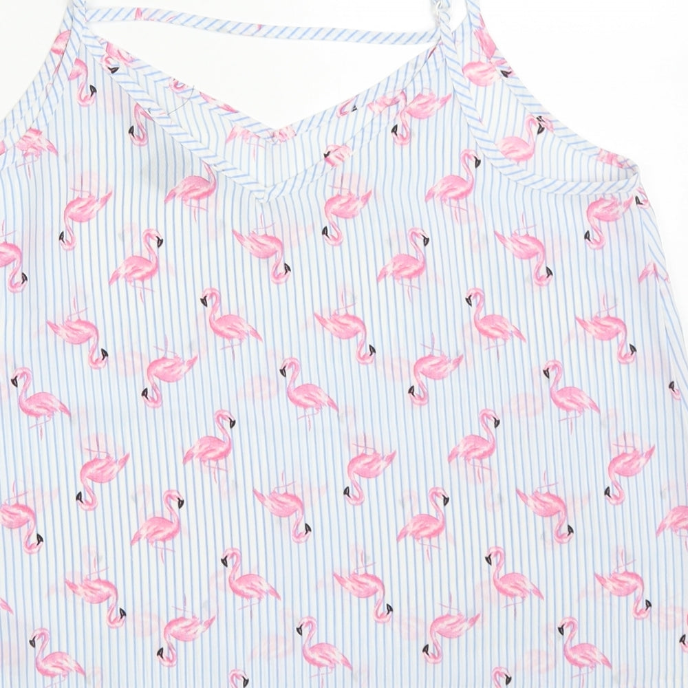 Primark Womens Blue Striped Polyester Basic Tank Size 12 V-Neck - Flamingo Print