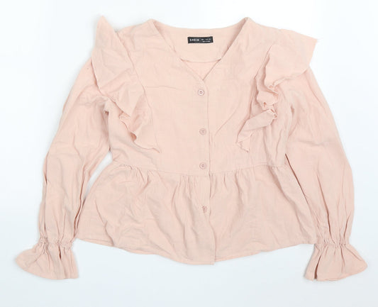 SheIn Womens Pink  Polyester Basic Button-Up Size S V-Neck