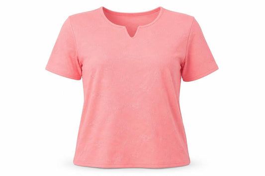 Front view of Bonita women’s pink polyester basic t-shirt, size M, v-neck