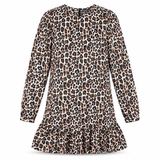 Front view of Studio women’s beige animal print polyester fit & flare, size UK 10, round neck