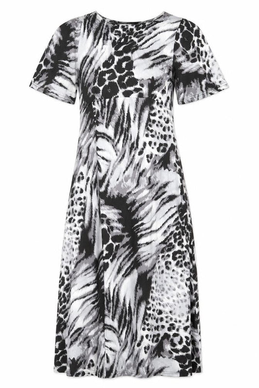 Front view of Studio women’s black animal print viscose fit & flare, size UK 8, round neck