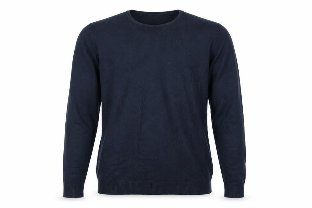 Front view of Cedarwood State men’s blue round neck acrylic jumper, size L