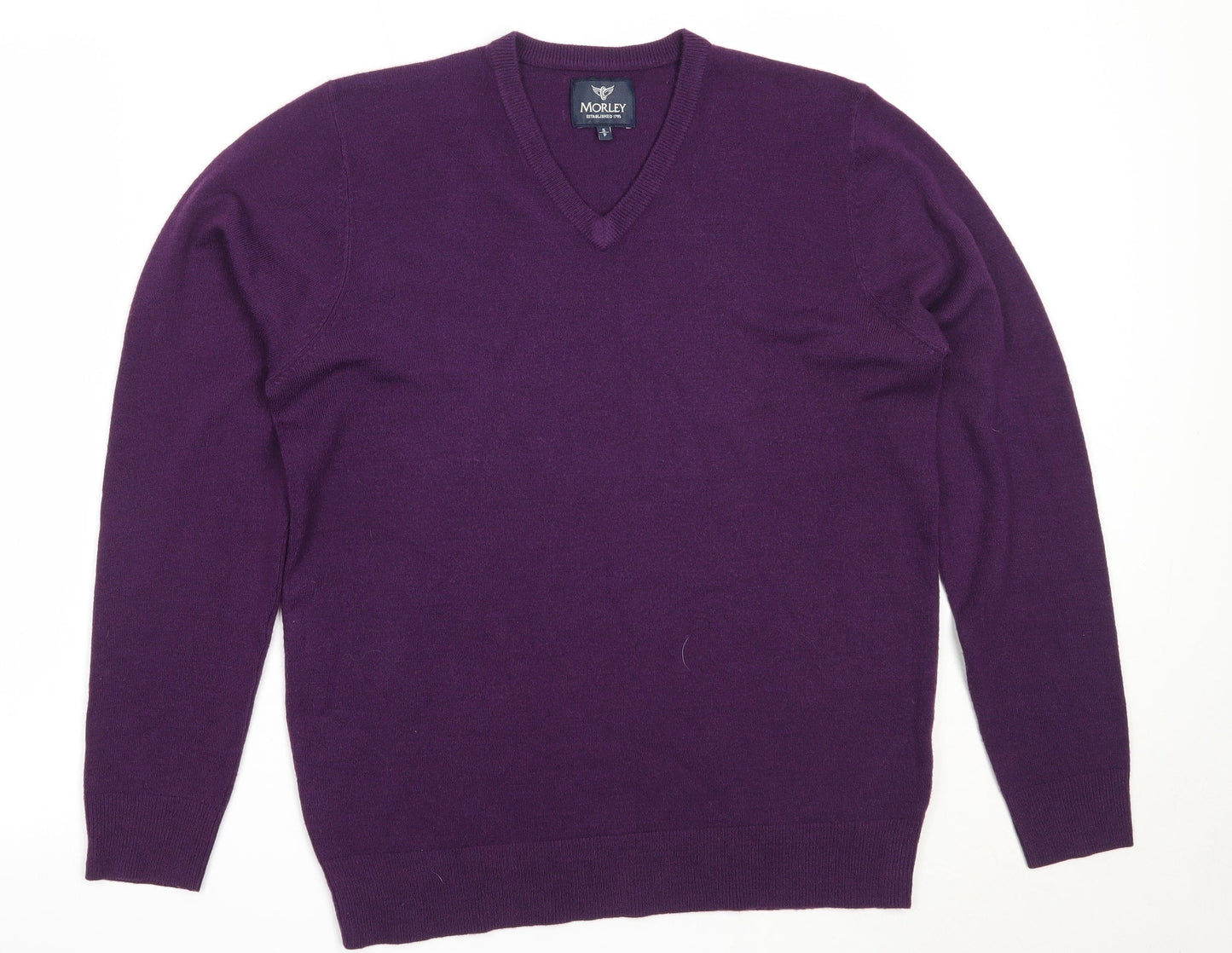 Morley Mens Purple V-Neck  Acrylic Pullover Jumper Size S