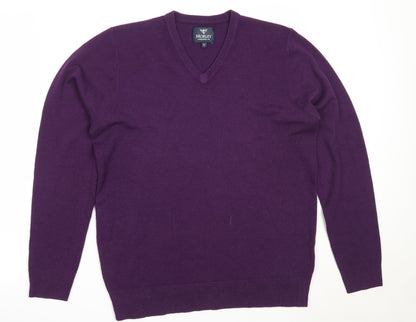 Morley Mens Purple V-Neck  Acrylic Pullover Jumper Size S