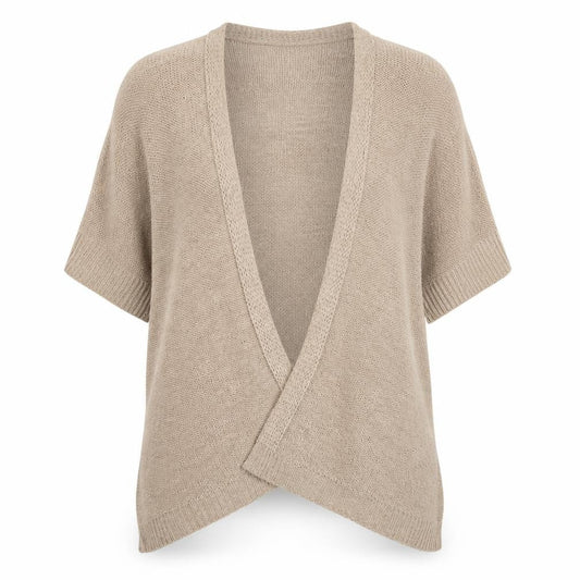 Front view of Mia Moda women’s beige v-neck acrylic cardigan jumper, size M