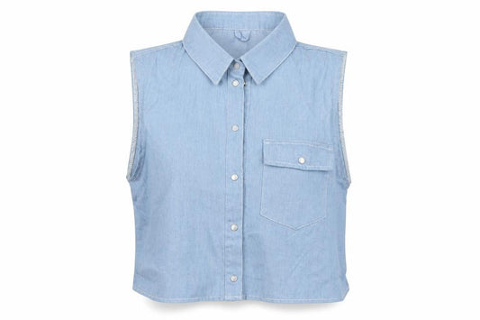Front view of Lisa London women’s blue cotton cropped button-up, size UK 12, collared