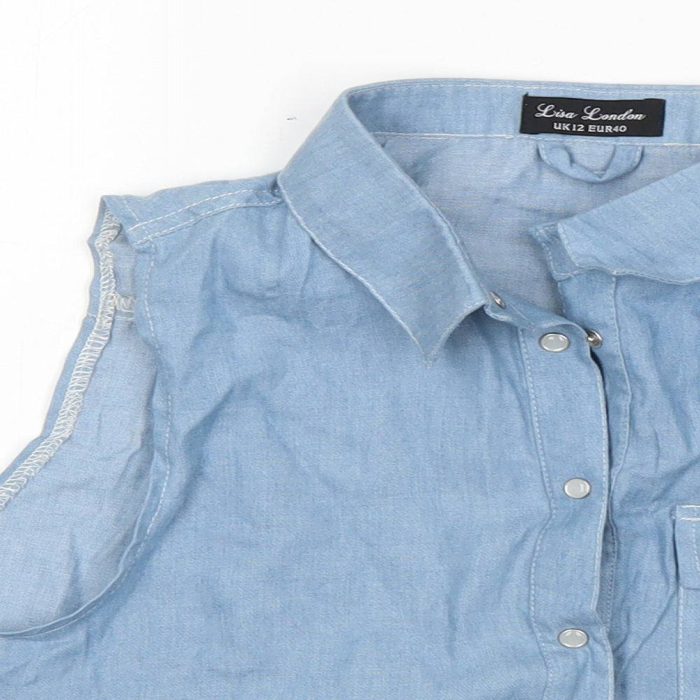 Lisa London  Womens Blue  Cotton Cropped Button-Up Size 12 Collared