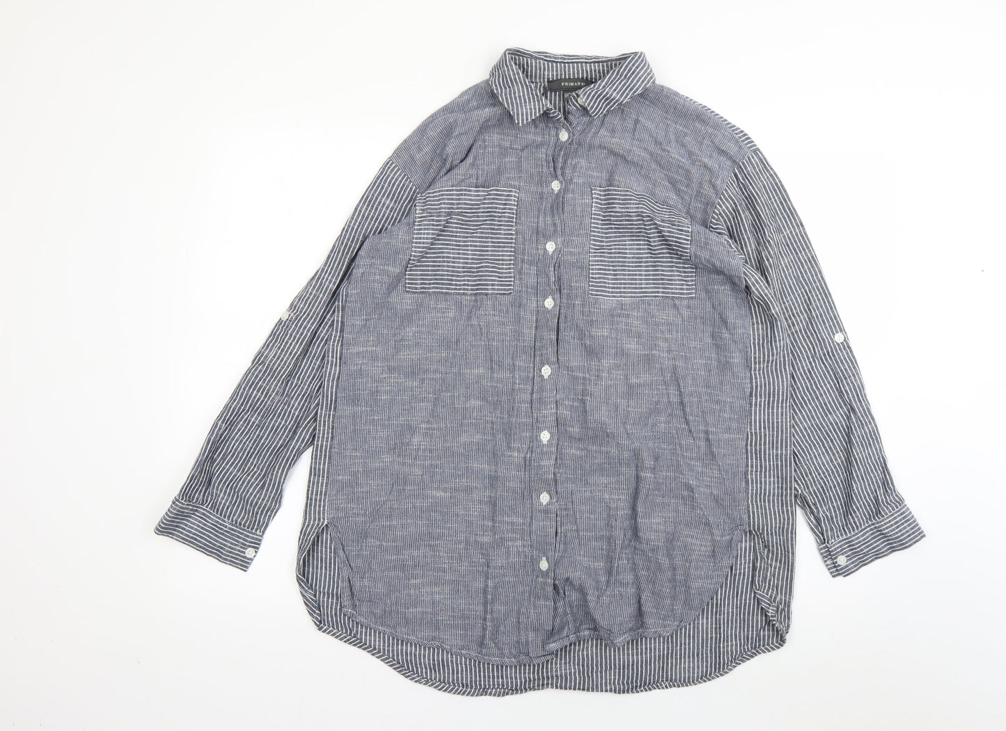 Primark Womens Grey Striped Cotton Basic Button-Up Size 4 Collared