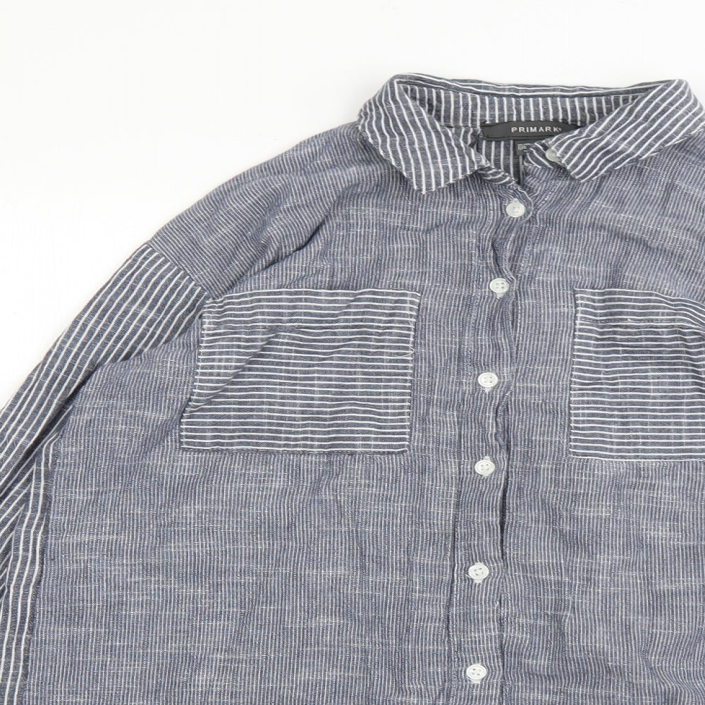 Primark Womens Grey Striped Cotton Basic Button-Up Size 4 Collared