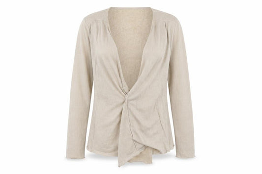 Front view of Marks & Spencer women’s beige v-neck polyester cardigan jumper, size UK 14
