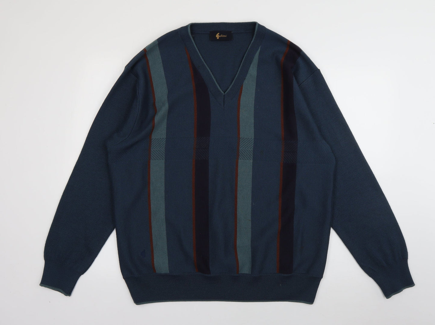 Gabicci Womens Green V-Neck Striped Wool Pullover Jumper Size XL