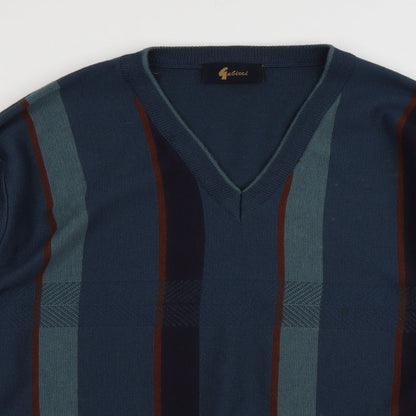 Gabicci Womens Green V-Neck Striped Wool Pullover Jumper Size XL