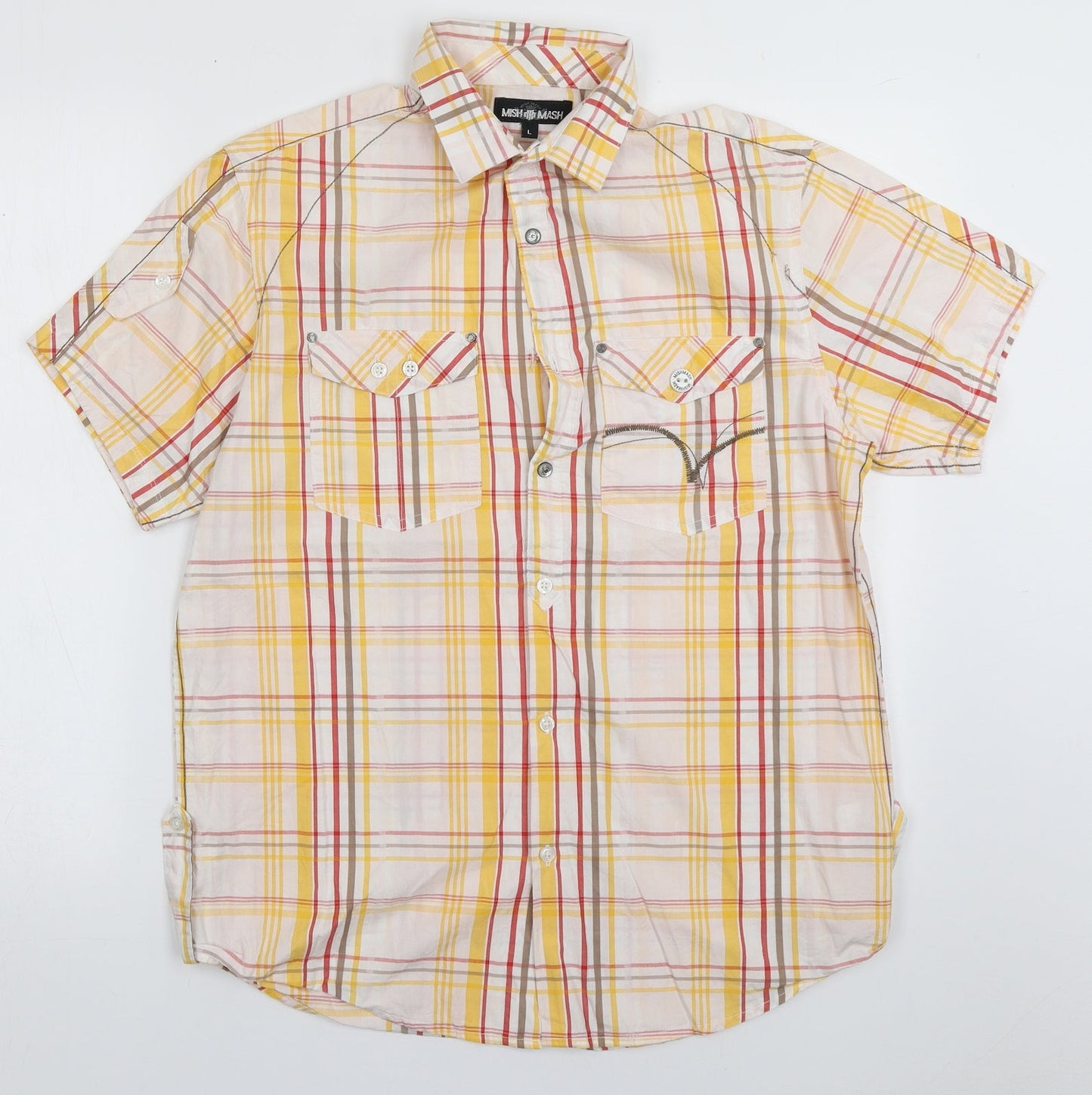Mens UK Size L Mish Mash Yellow  Button-Up Short Sleeve Casual Shirt