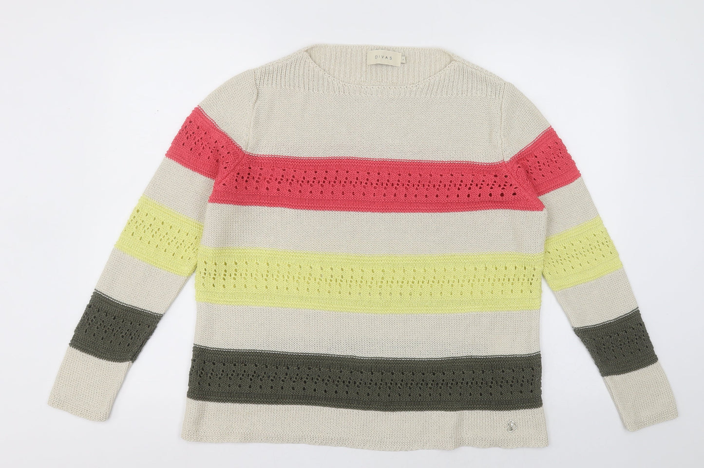 divas  Womens Beige Crew Neck Striped Acrylic Pullover Jumper Size L