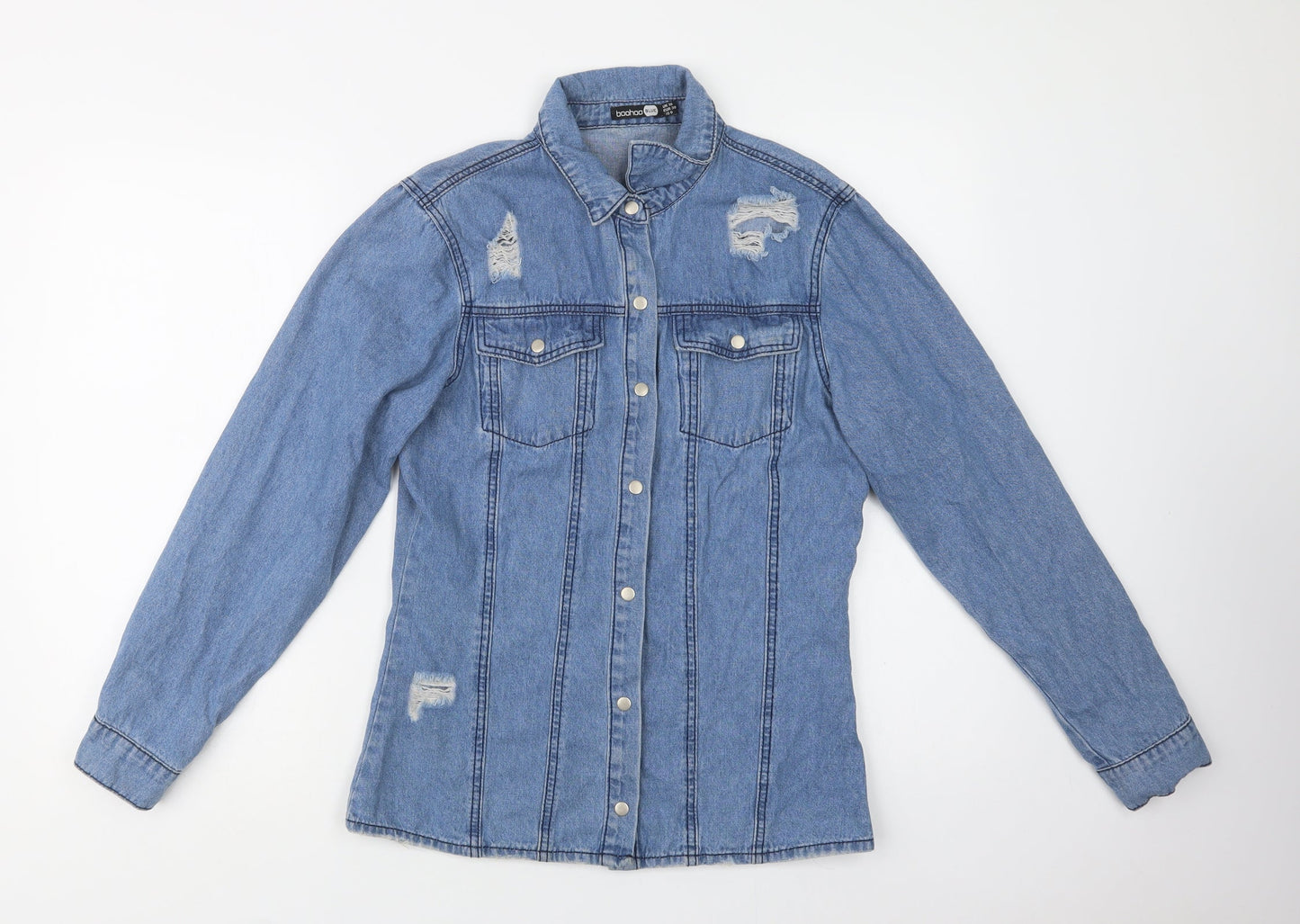 Boohoo Womens Blue  Cotton Basic Button-Up Size 10 Collared