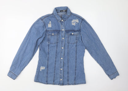 Boohoo Womens Blue  Cotton Basic Button-Up Size 10 Collared