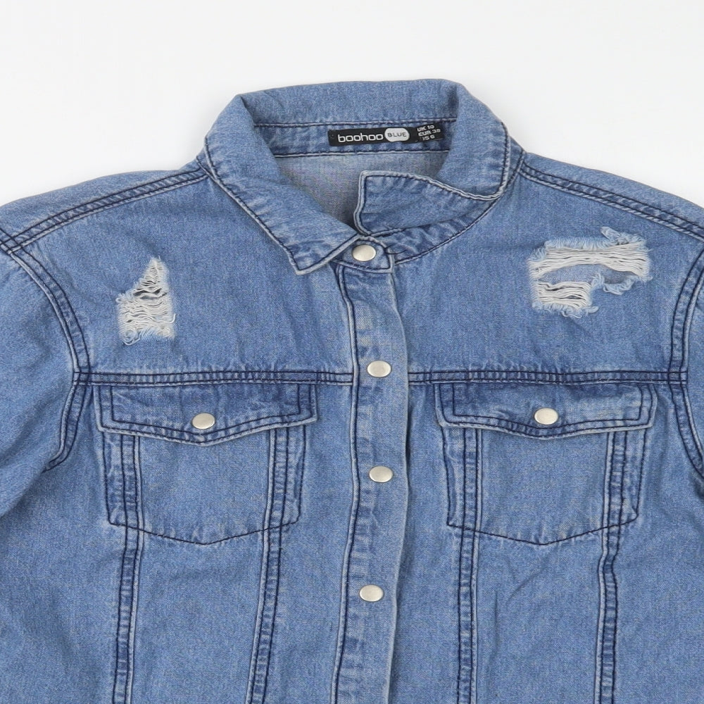 Boohoo Womens Blue  Cotton Basic Button-Up Size 10 Collared