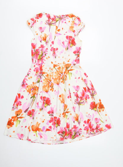 Savida Womens White Floral Cotton Fit & Flare  Size 8  Round Neck Zip