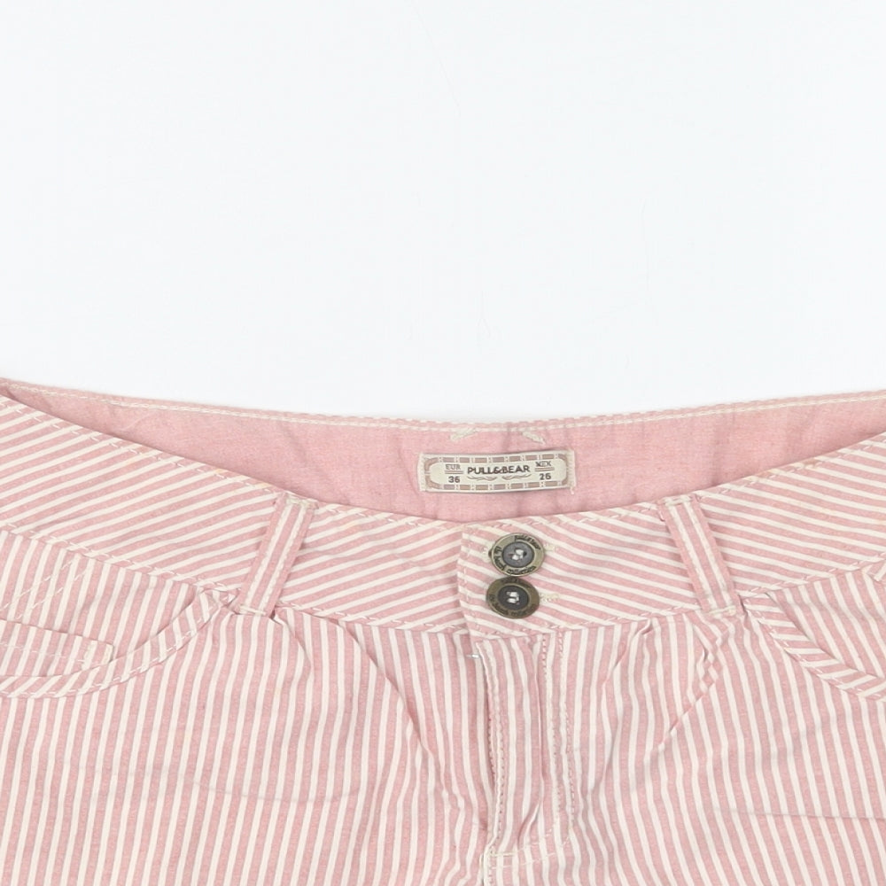 Pull & Bear Womens Pink Striped Cotton Bermuda Shorts Size 8 L4 in Regular Button