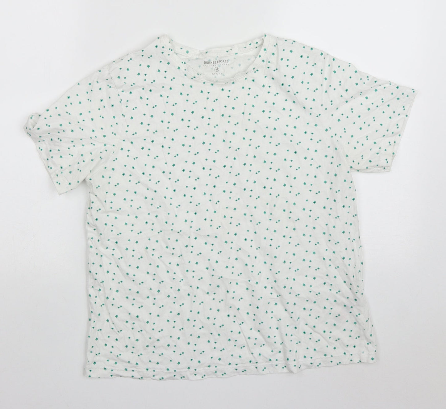 Dunnes Womens Green Floral Cotton Basic T-Shirt Size M Round Neck