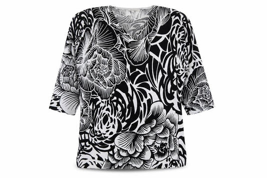 Front view of Gerard women’s black v-neck floral viscose jumper, size L