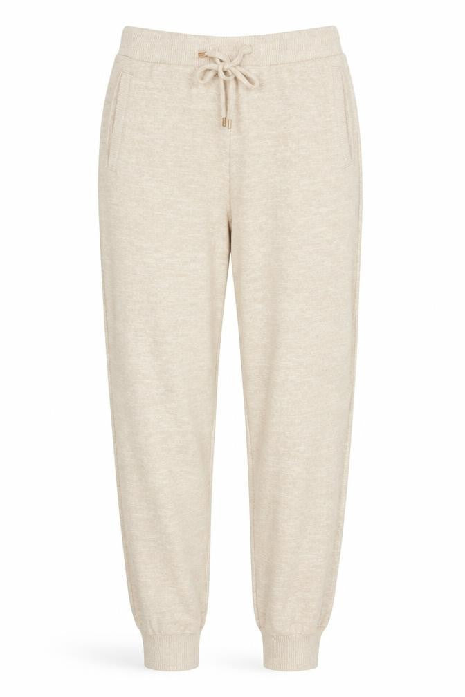Front view of F&F women’s beige viscose trousers, size UK 8, 29-inch leg regular drawstring - pyjama pants
