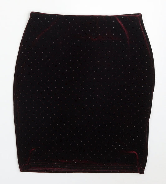 Additional front view of New Look women’s red polka dot polyester mini skirt, size UK 6, regular - burgundy