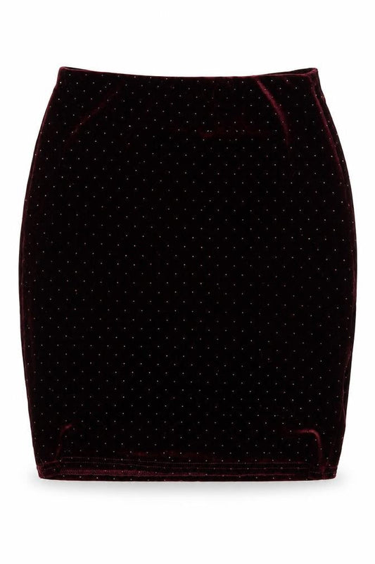 Front view of New Look women’s red polka dot polyester mini skirt, size UK 6, regular - burgundy